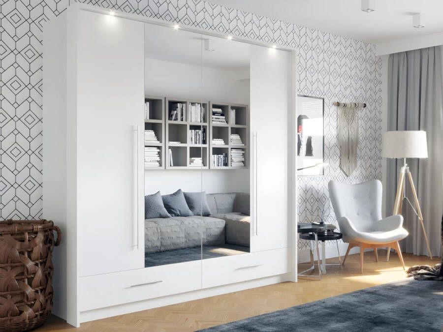 Vente-unique Kast met 2 deuren en 2 laden met spiegel en LEDs L. 210 cm Wit SINALIA L 210 cm x H 221 cm x D 67 cm - Foto 1