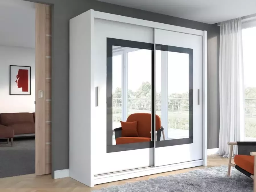 Kast met 2 schuifdeuren met spiegel L. 203 cm wit AUTLAN L 203 cm x H 215 cm x D 61 cm - Foto 3