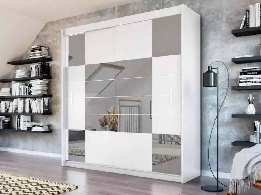 Kast met 2 schuifdeuren met spiegel L. 203 cm Wit ROVINJA L 203 cm x H 215 cm x D 61 cm - Foto 2