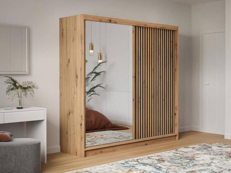 Kast met 2 schuifdeuren Met spiegel L203 cm Natuurlijk en zwart CALOWI L 203 cm x H 215 cm x D 60.5 cm