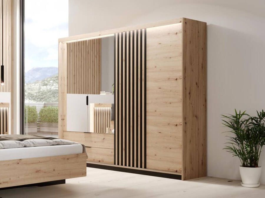 Vente-unique Kast met 3 deuren en 2 lades Spiegel en ledverlichting L220 cm naturel en zwart ARIADA L 220 cm x H 210.4 cm x D 60 cm - Foto 2