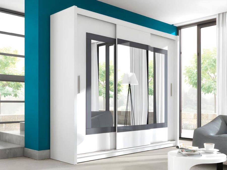 Kast met 3 schuifdeuren met spiegel L. 250 cm wit AUTLAN L 250 cm x H 215 cm x D 61 cm