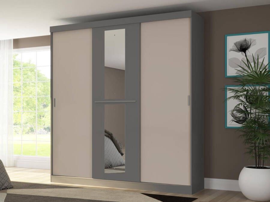 Kast met 3 schuifdeuren Met spiegel L205 cm Grijs en beige DIDDA II L 205.5 cm x H 219 cm x D 51.8 cm
