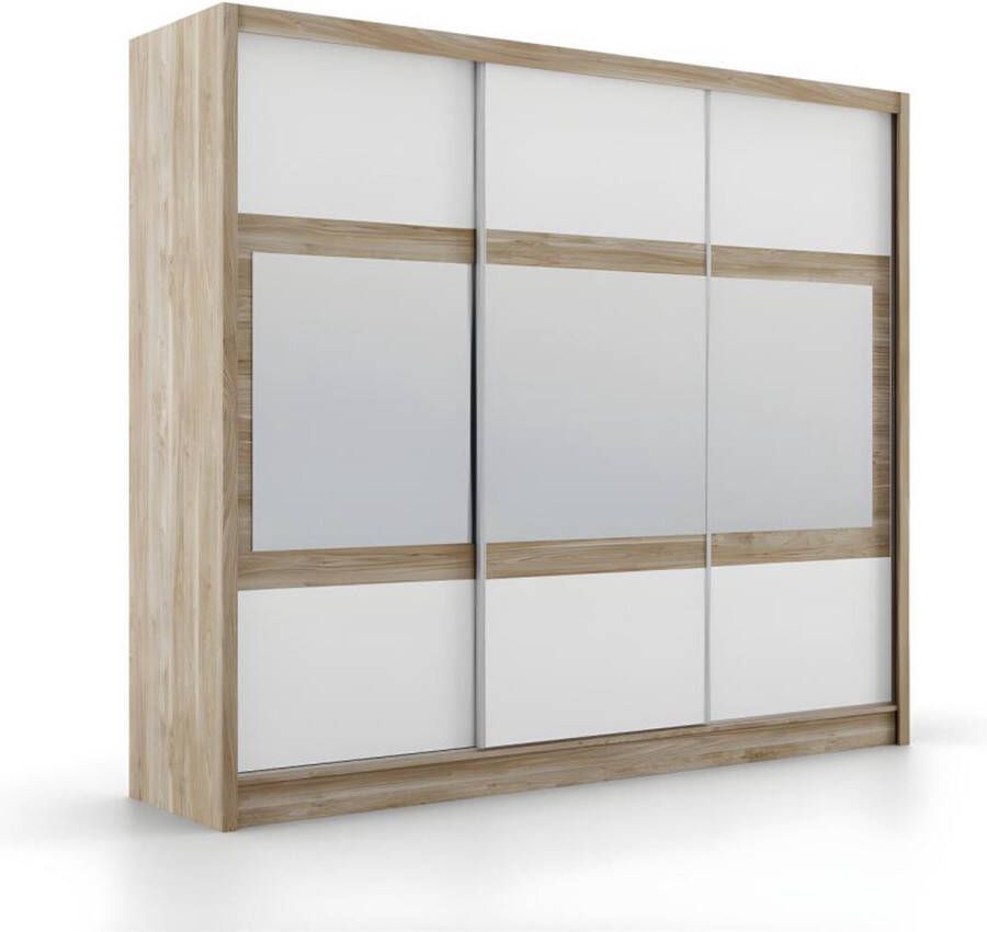 Vente-unique Kast met 3 schuifdeuren Met spiegel L250 cm naturel en wit LEOVIA L 250 cm x H 215 cm x D 61 cm
