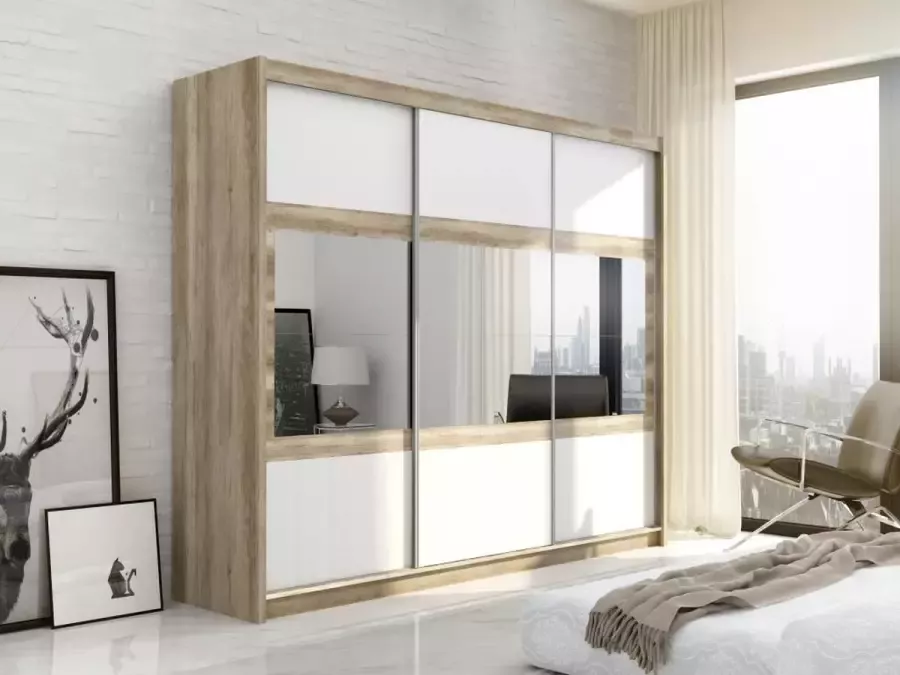 Vente-unique Kast met 3 schuifdeuren Met spiegel L250 cm naturel en wit LEOVIA L 250 cm x H 215 cm x D 61 cm - Foto 2