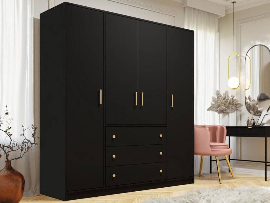 Vente-unique Kast met 4 deuren en 3 lades L196 cm Zwart LIZANDRO L 196 cm x H 200 cm x D 58 cm