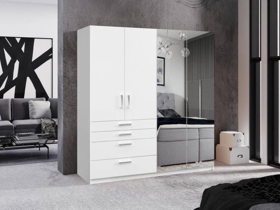 Vente-unique Kast met 4 deuren en 4 lades Met spiegel L200 cm Wit NIDAWO L 200 cm x H 210 cm x D 60 cm