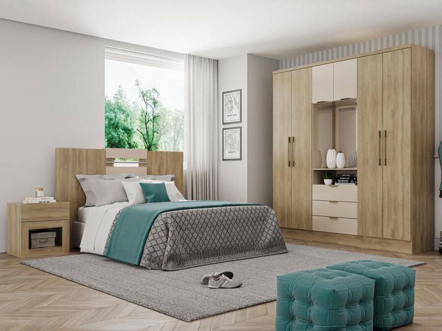 Vente-unique Kast met 6 deuren en 3 lades Met spiegel L180 cm naturel en beige ELORIO L 180 cm x H 206 cm x D 46.5 cm - Foto 2