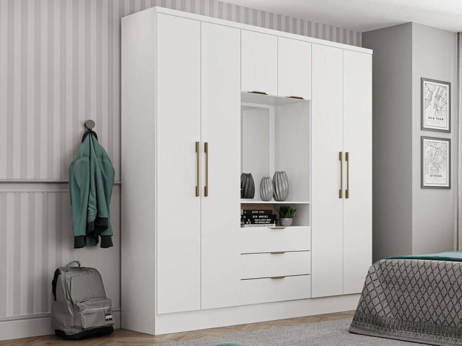 Vente-unique Kast met 6 deuren en 3 lades Met spiegel L180 cm wit ELORIO L 180 cm x H 206 cm x D 46.5 cm - Foto 4