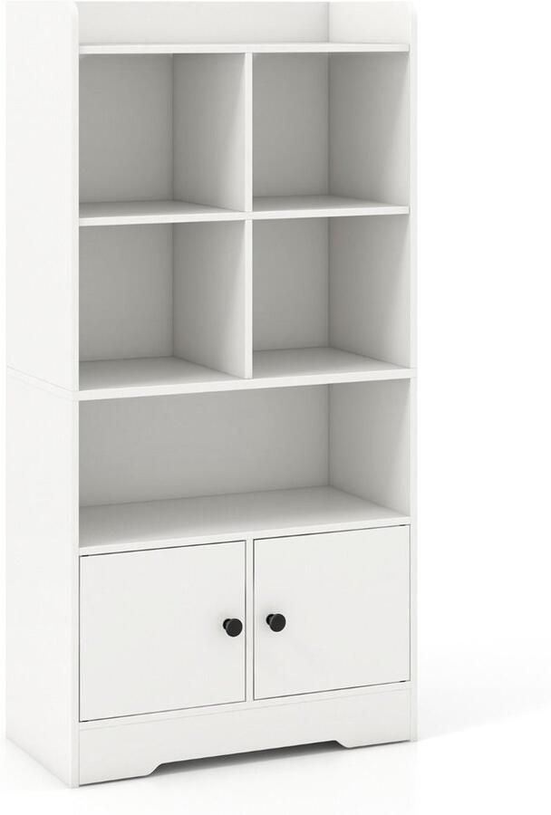 Kast met Deuren – Kleine Boekenkast met 5 Opbergvakken en 2 Deuren Vrijstaand Wit