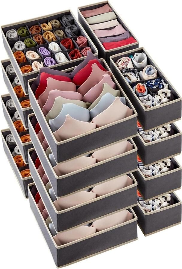 Kast Ondergoed Lade Organizer Divider 16 stuks stoffen opvouwbaar dressoir organizers en opbergbakken voor het opbergen van lingerie bh ondergoed (Grijs)
