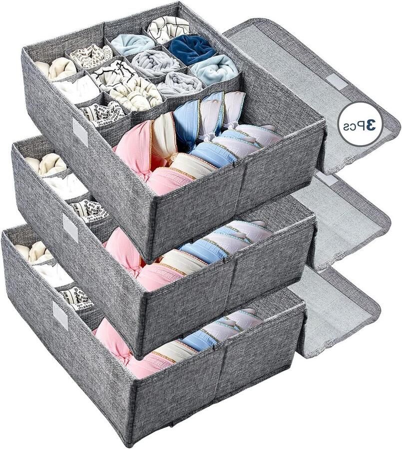 3 Stks Ondergoed Organizer Opbergdoos met Deksel Opvouwbare Stofdichte Linnen Kast Lade Verdelers Organizers Wasbare Opbergdozen voor Kleding Sokken Lingerie Ties Sjaals (A)