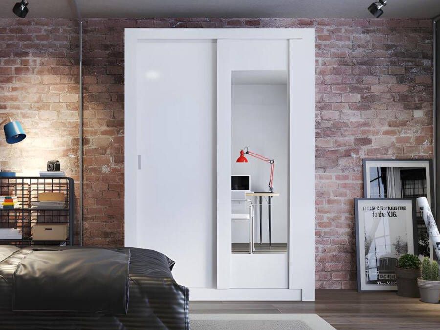 Kast PETTERI 2 schuifdeuren Met spiegel L152 cm Wit L 152.4 cm x H 219 cm x D 52 cm