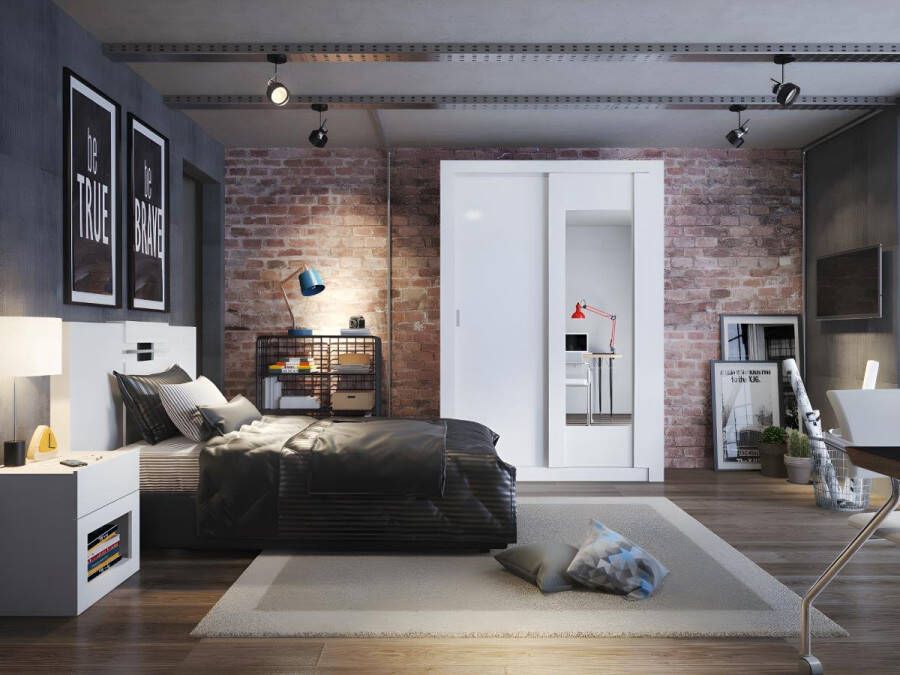 Kast PETTERI 2 schuifdeuren Met spiegel L152 cm Wit L 152.4 cm x H 219 cm x D 52 cm