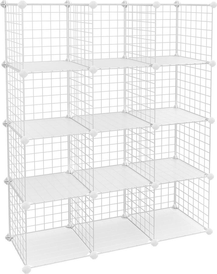 Kast – Rekken van draadraster – Reksysteem – Staande kast –Kubuskast –12 vakken – Opbergkast – Wit