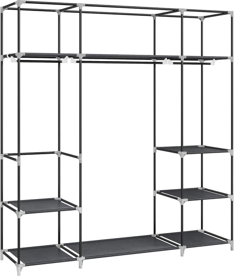 Kast vrijstaande kast met kledinghangers hoedenrek stoffen planken metalen frame 3 kledinghangers 9 vakken 43 x 162 x 176 cm zwart
