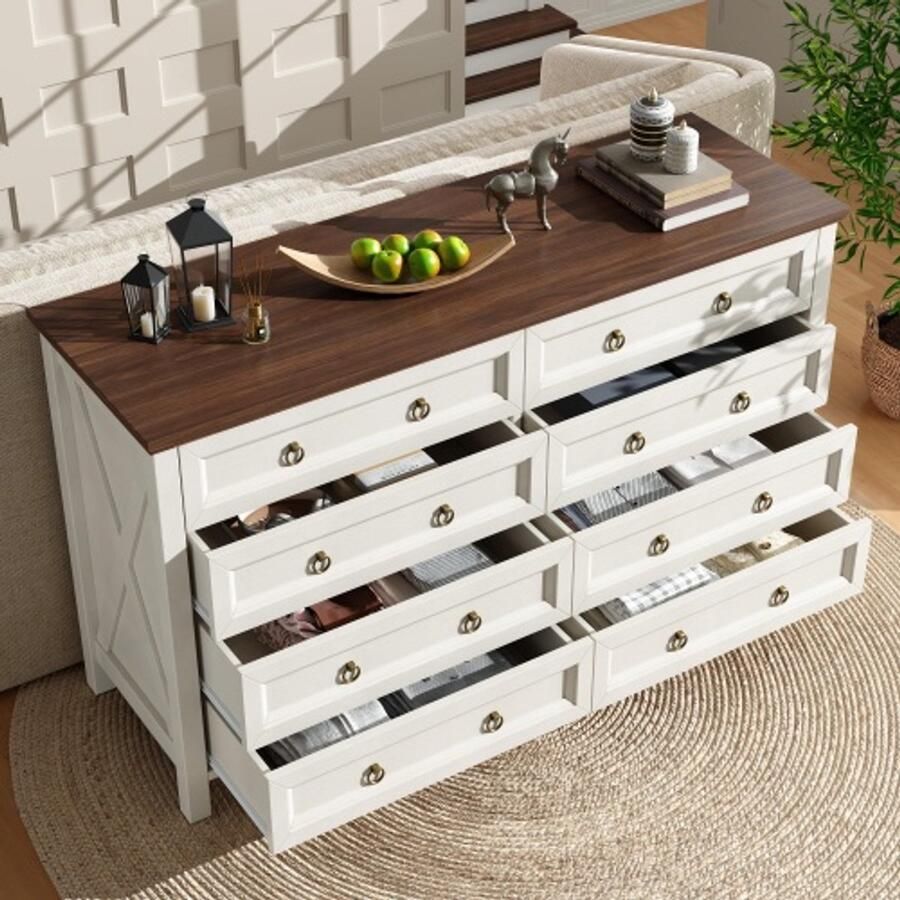 Steven kast witte sideboard eetkamerschrank in vintage-stijl met aluminium schubladenhandvatten walnootkleurige werkblad voor slaapkamer woonkamer 8 ruime schubladen