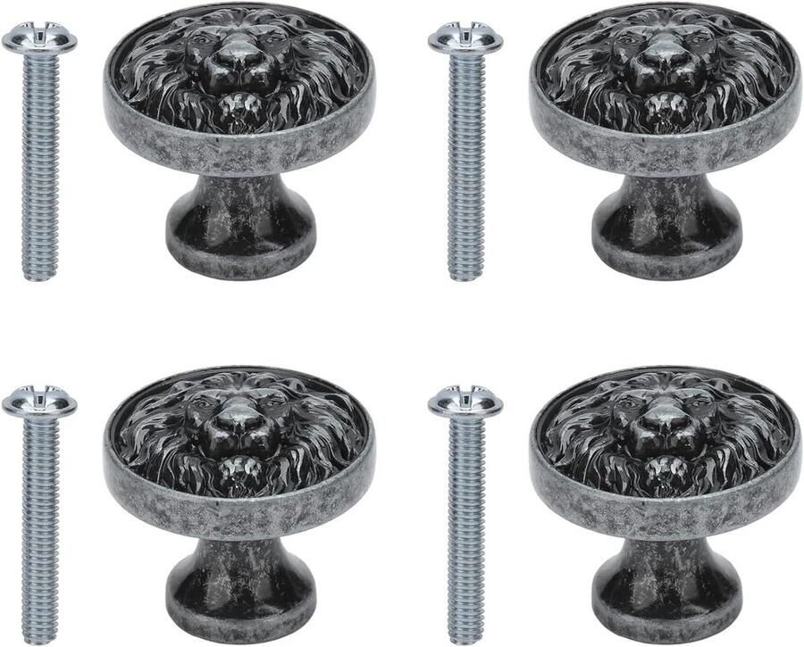 Kastknop Leeuwenkop Zinklegering Antieke Ladegrepen Set van 4 stuks (Oud zilver)