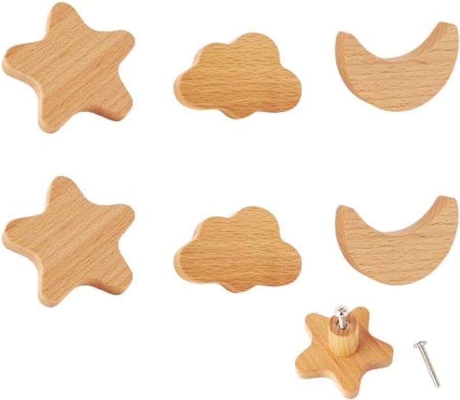 Kastknoppen 6 stuks massief hout Sterren Maan en Wolken voor Kinderen