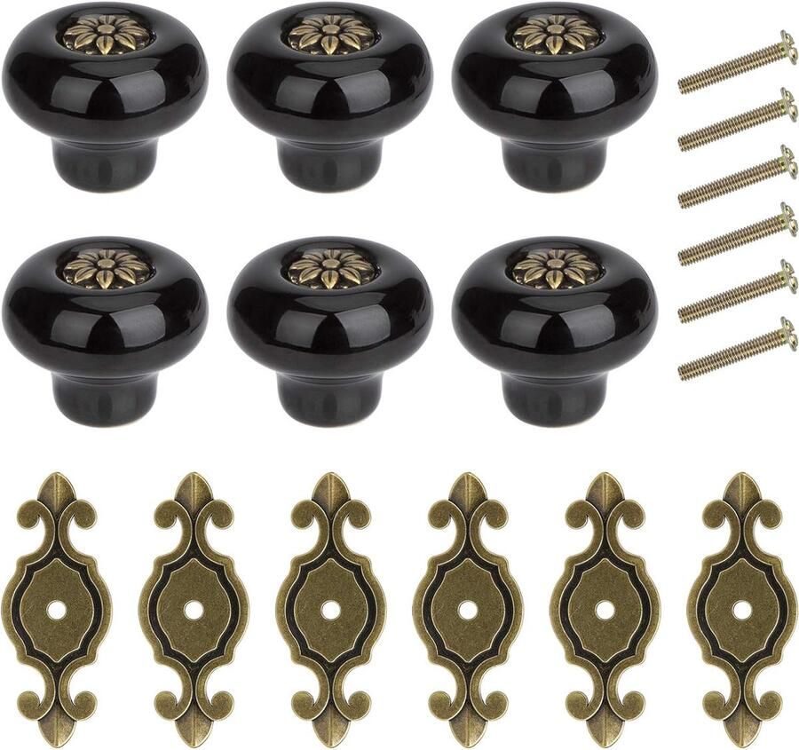 Kastknoppen keramische ladeknop vintage meubelknop met legering schroef voor kast lade keuken 6 stuks koper & zwart