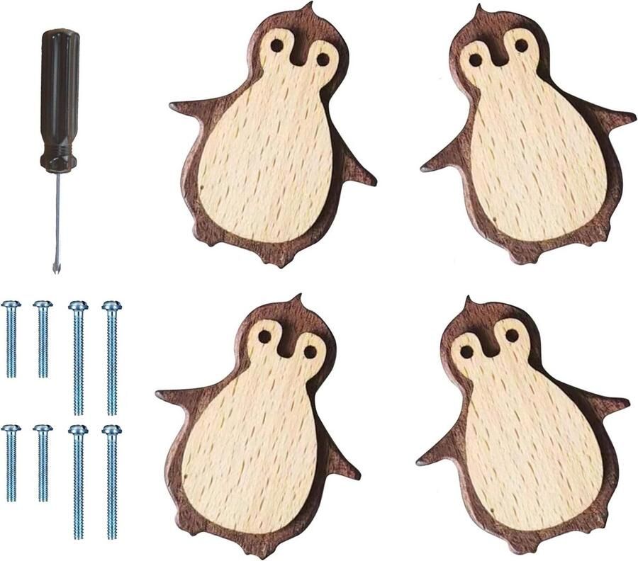 Kastknoppen Pinguïn Hout Design Set van 4 Voor Huis Keuken Slaapkamer Kledingkast