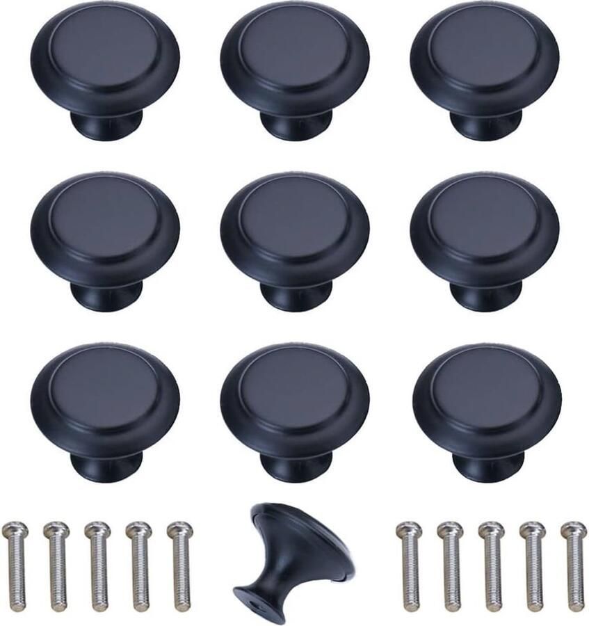 Kastknoppen Set van 10 Ronde Paddenstoellade Trekgreep voor Keuken en Badkamer (Mat Zwart)