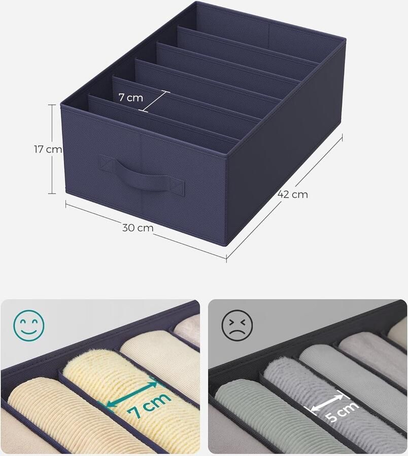 Set van 2 lade-organizers kast-organizers met 6 vakken opvouwbare kledingorganizers voor garderobe 42 x 30 x 17 cm voor broeken kleding houtskoolblauw