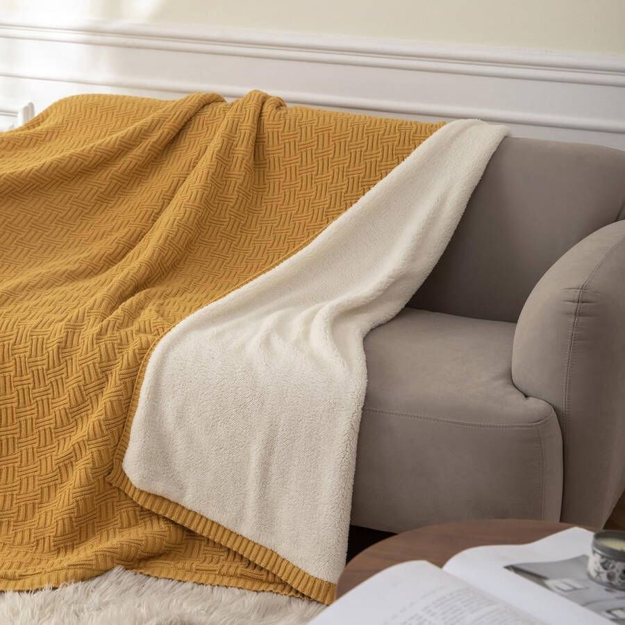Katoen + Sherpa-deken pluizige knuffeldeken hoogwaardige dubbelzijdige deken zachte en warme bankdeken fleecedeken voor bed bank en bank (70 x 78 inch mosterdgeel)