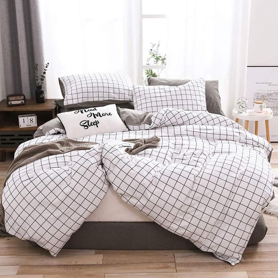 Katoenen beddengoedset geruit 2-delig zwart wit geruit dekbedovertrek 135 x 200 cm + kussensloop 80 x 80 cm comfortabel dekbedovertrek kinderen meisjes dames eenpersoonsbed omkeerbaar beddengoed