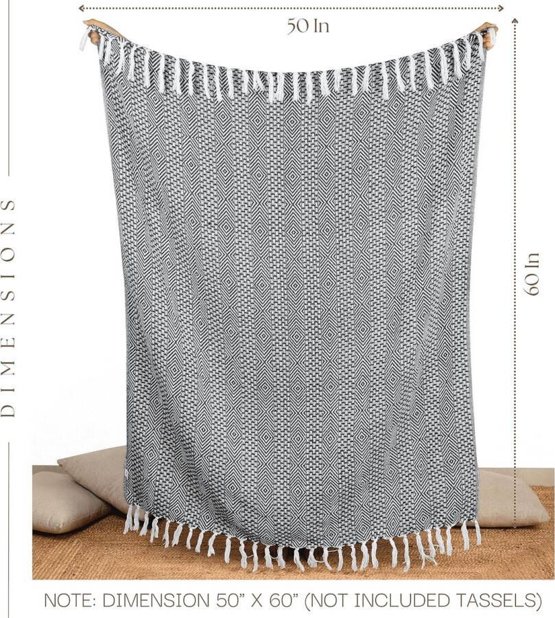 Katoenen boerderijworp 127 x 152 cm geweven gebreide deken met decoratieve kwasten voor bank en bank houtskoolgrijs