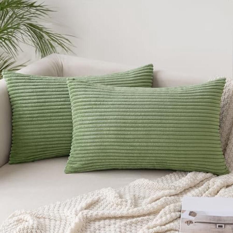 Katoenen Corduroy Kussenhoezen Dekoratieve Kussenslopen voor Sofa en Stoel 2 Stuks 30x50 cm Saliegroen