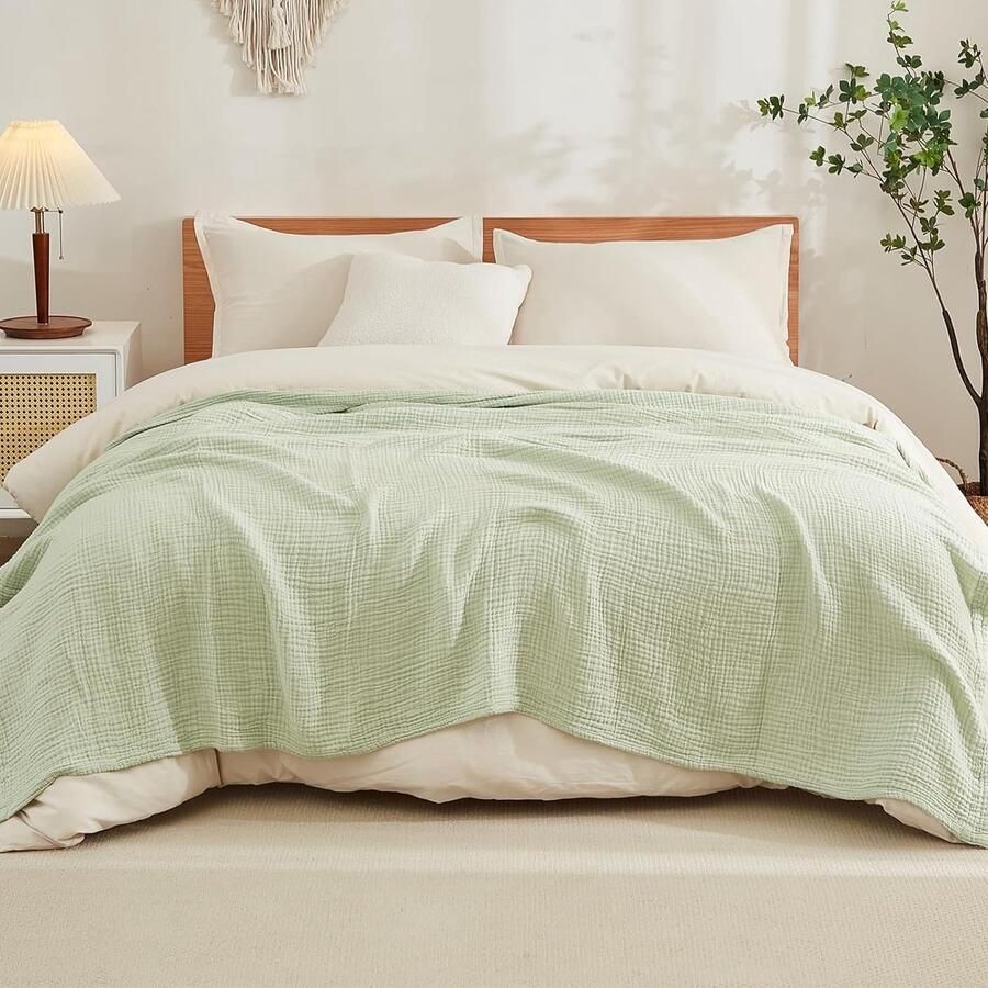 Katoenen deken 100% mousseline zachte deken voor bank 4-laags ademende gaasdeken alle seizoenen zachte en lichtgewicht voorgewassen katoenen deken saliegroen 140 x 190 cm - Foto 2