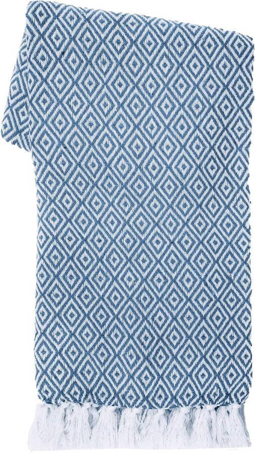 Katoenen deken blauw 127 x 152 cm zacht en warm plaid decoratief omkeerbaar gooien met kwast voor bank en bank deken van puur katoen voor woon- en slaapkamer