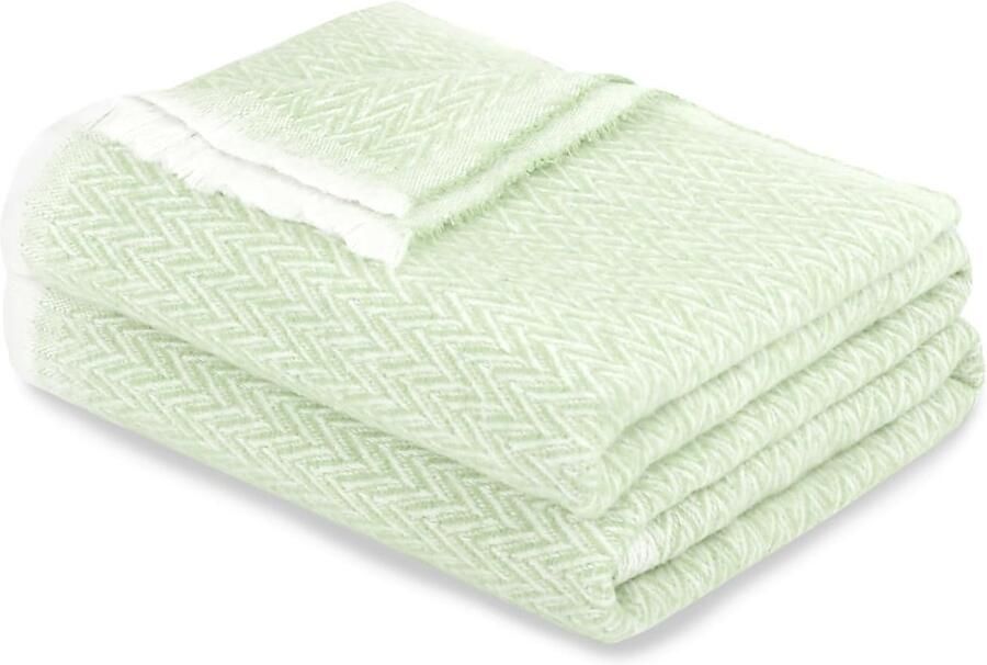 Katoenen deken decoratieve visgraatdeken met franjes voor vier seizoenen extra zacht multifunctioneel sprei voor bank bed bankhoes (groen 120 x 180 cm)