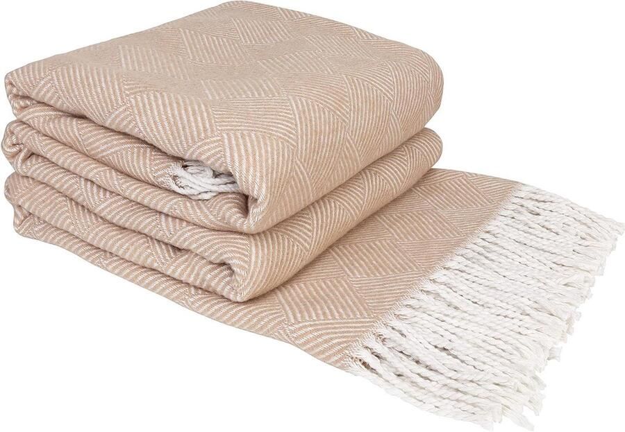 Deken van Katoen Plaid voor op de Bank Sofa & Bed met Franjes Zomer Winter en Lente Dekens Zacht Knuffeldeken Groot (140 x 200 cm Beige met Wit Gestreepte Vierkanten) - Foto 3