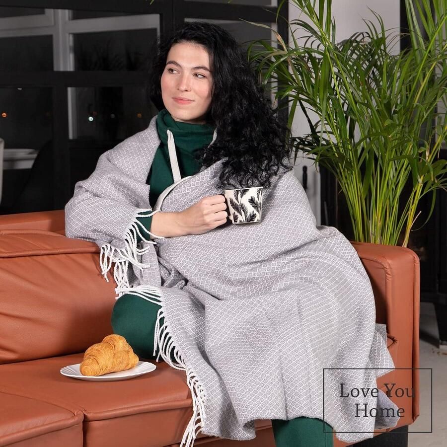 Katoenen Deken Plaid voor op de Bank Sofa & Bed Zomer Winter en Lente Dekens Zacht Knuffeldeken Groot (140 x 200 cm Beige met Wit Gestreepte Vierkanten)