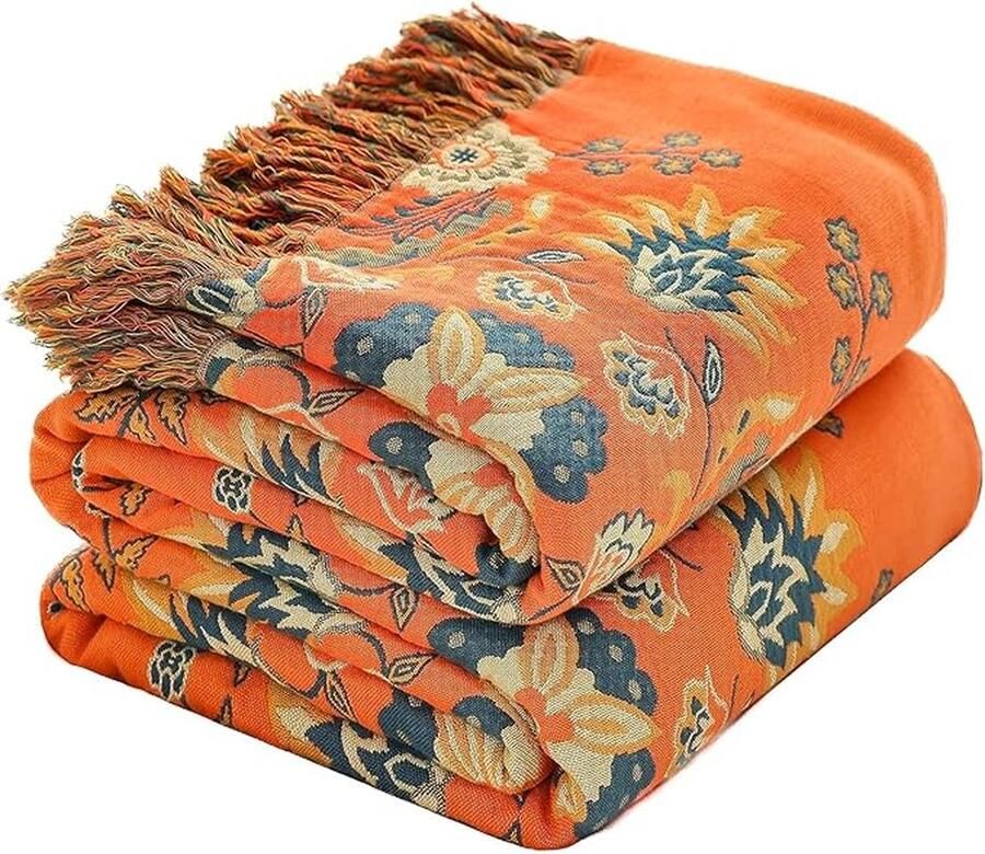 Katoenen deken sprei 150 cm x 200 cm boho deken woondeken omkeerbare deken bank deken TV deken voor bank deken voor bed bank slaapkamer kantoor groen oranje