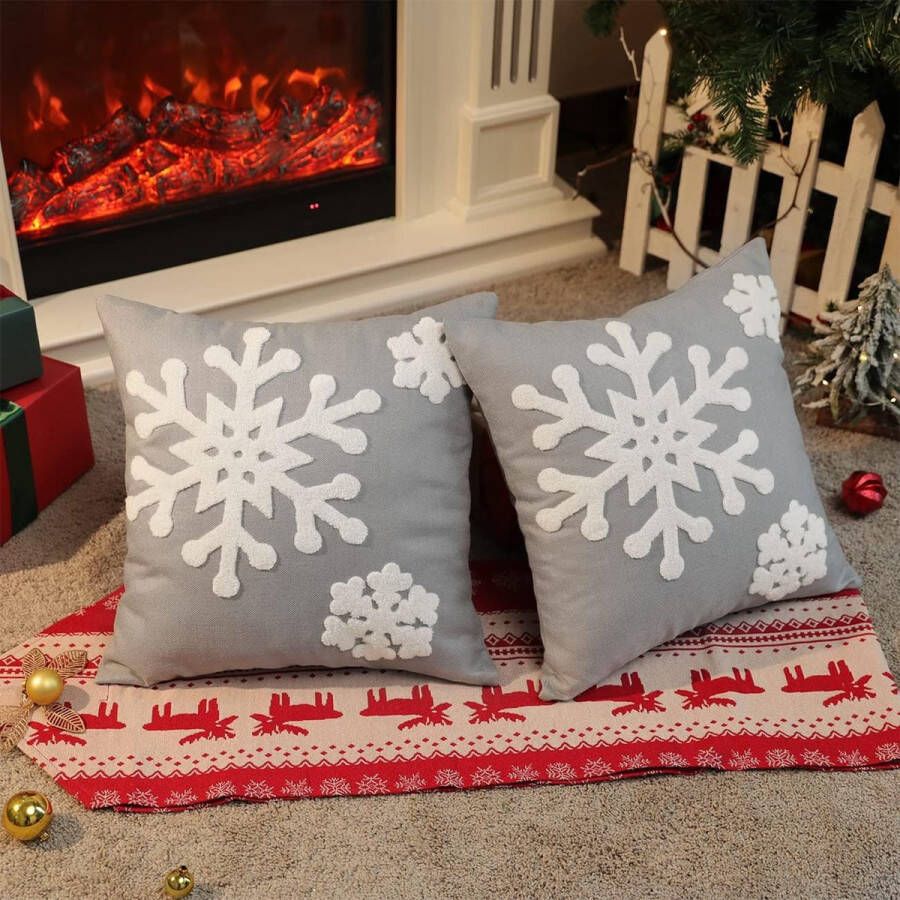 Katoenen linnen kussensloop set van 2 vierkante sierkussens met sneeuwvlokkenpatroon Kerstmis decoratieve sierkussenovertrekken voor bank auto thuis slaapkamer 45 x 45 cm grijs