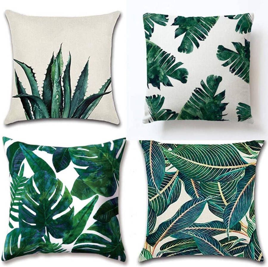 Katoenen linnen kussensloop set van 4 groene tropische bladeren planten gooien vierkante kussenslopen voor bank auto slaapkamer woonkamer bed decoratie 18 x 18 inch