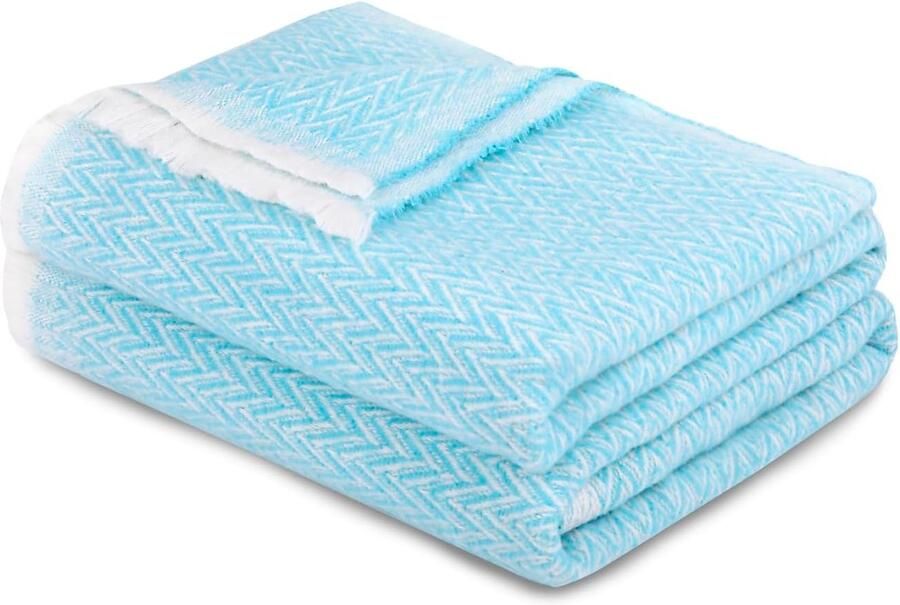 Katoenen plaid decoratief visgraatdeken met extra zachte franjes voor alle seizoenen. Multifunctionele sprei voor bank bed sofa (blauw 120 x 180 cm)