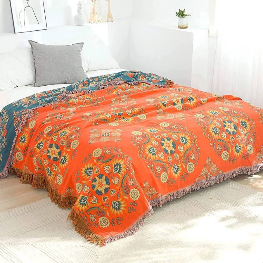 Katoenen sprei bedsprei bankdeken met patroon 150 x 200 cm dubbelzijdige boho sprei bankdeken fauteuildeken omkeerbare deken voor tv of dutje op de stoel eenpersoonsbed