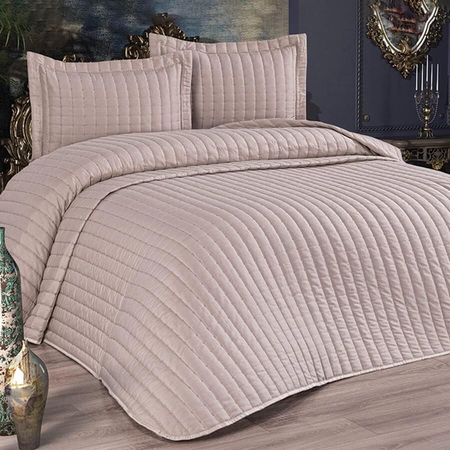 Katoenen spreienset tweepersoonsbed 250 x 260 cm kussensloop 55 x 75 cm x 2 slaapbankdeken gewatteerd deken het hele jaar door (cappucino)