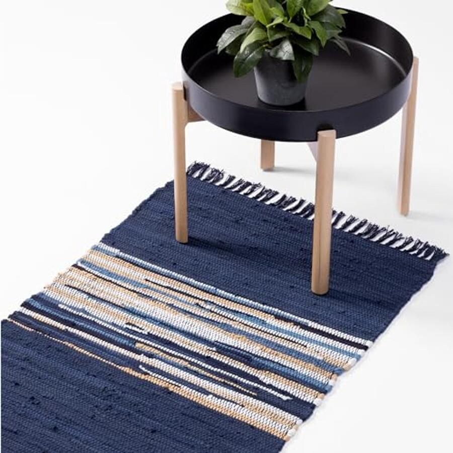 Katoenen tapijt 60 x 90 cm Wasmachinebestendig vloerkleed voor slaapkamer en woonkamer Decoratieve vloerbescherming Blauw wit