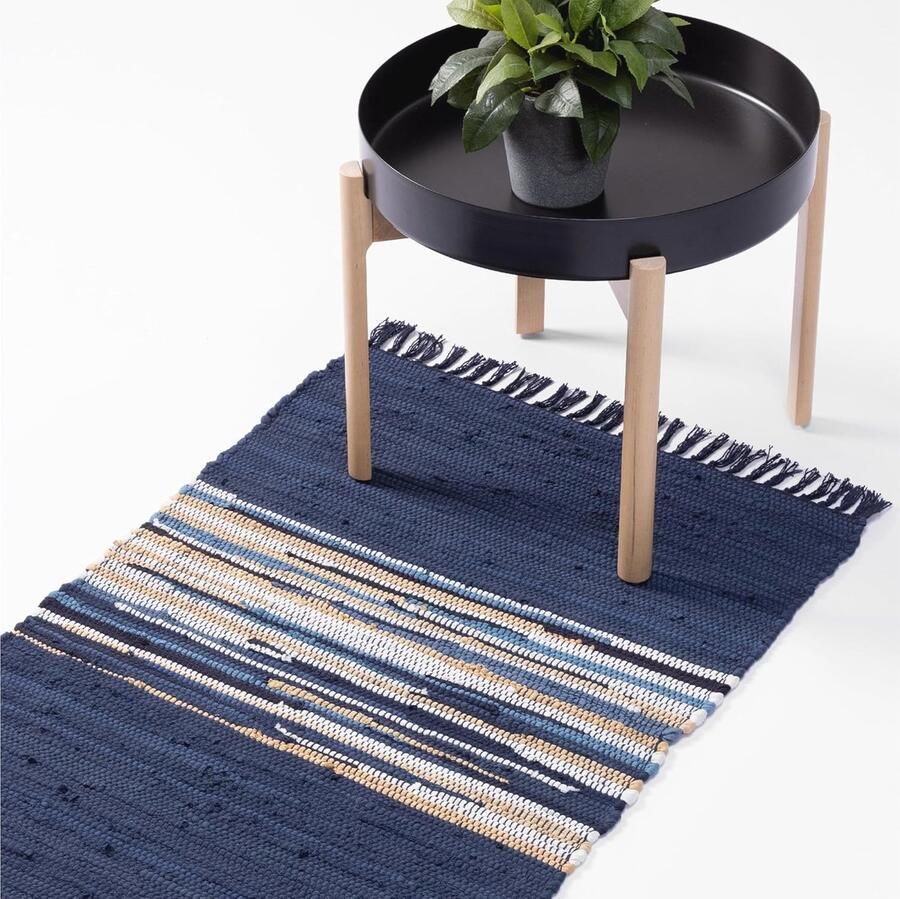 Katoenen Tapijt 60 x 90 cm Wasmachinebestendig Vloerkleed voor Slaapkamer Woonkamer en Keuken Decoratieve Vloerbescherming Blauw Wit