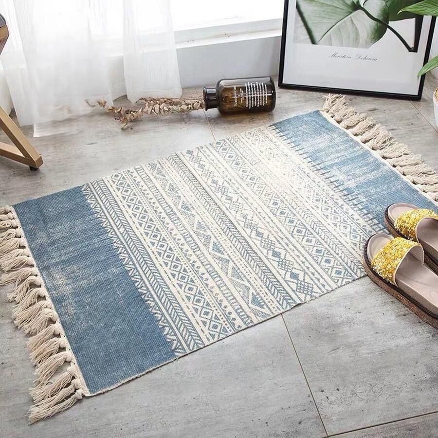 Katoenen tapijt 60x90cm Boho-vloerkleed Handgeweven Wasbaar voor Woonkamer Keuken Entree Gooikleed met Kwastje blauwe steen