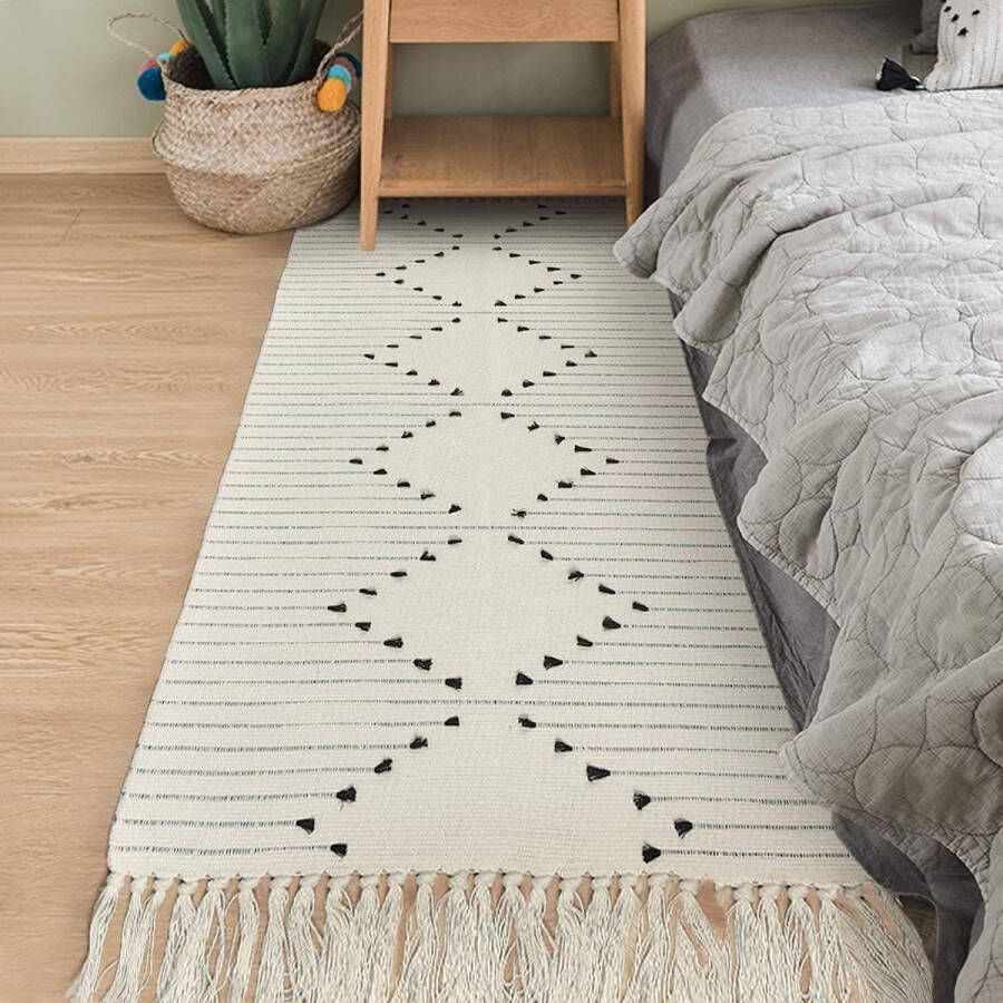 Katoenen tapijt bedrukt moderne handgeweven tapijten lopers met kwastjes wasbare tapijten voor slaapkamer woonkamer keuken wit 60 x 130 cm