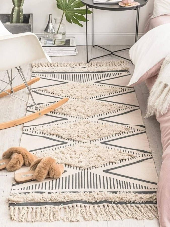 Katoenen tapijt getuft katoenen tapijt wasbaar met kwastjes geweven geometrische shag-overtrek boho-tapijt voor bijkeuken slaapkamer (beige 60 x 90 cm)