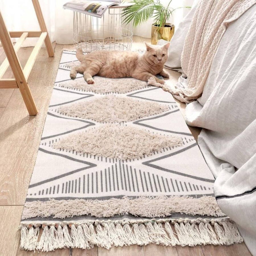Katoenen tapijt getuft katoenen tapijt wasbaar met kwastjes geweven geometrische shag-overtrek boho-tapijt voor bijkeuken slaapkamer (beige 60 x 180 cm)
