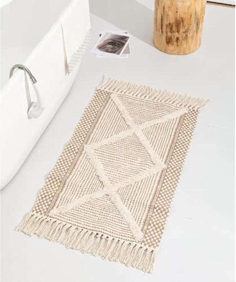 Katoenen tapijt getuft katoenen tapijt wasbaar vloerkleed met kwastjes Marokkaans boho-tapijten voor woonkamer slaapkamer voordeur (lichtbruin 60 x 130 cm)