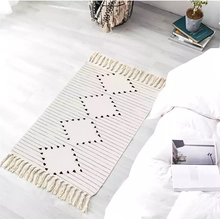 Katoenen tapijt moderne handgeweven tapijten loper met kwastjes wasbare tapijten voor slaapkamer en woonkamer keuken wit 60 x 90 cm